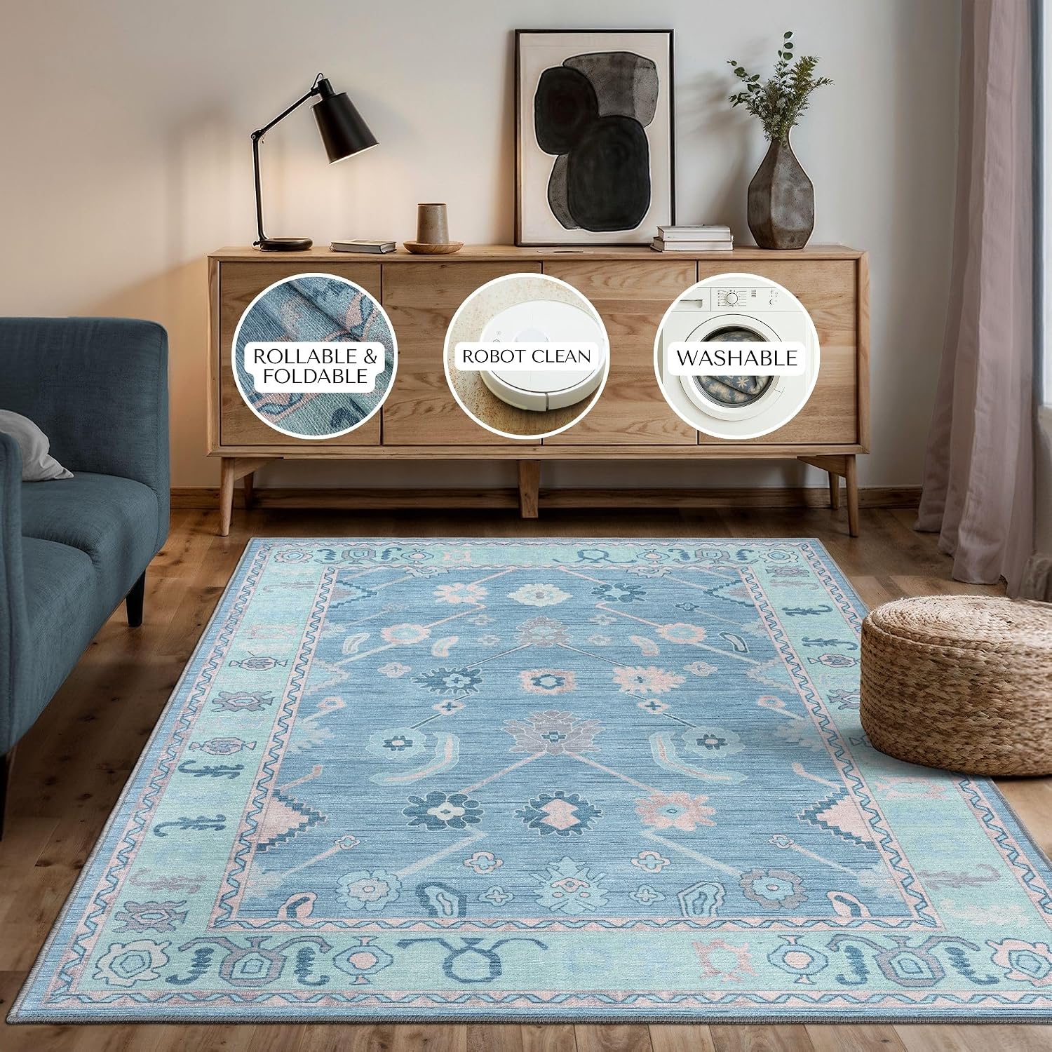 Vintage Oushak Runner Rug Washable Non Slip Teal Blue