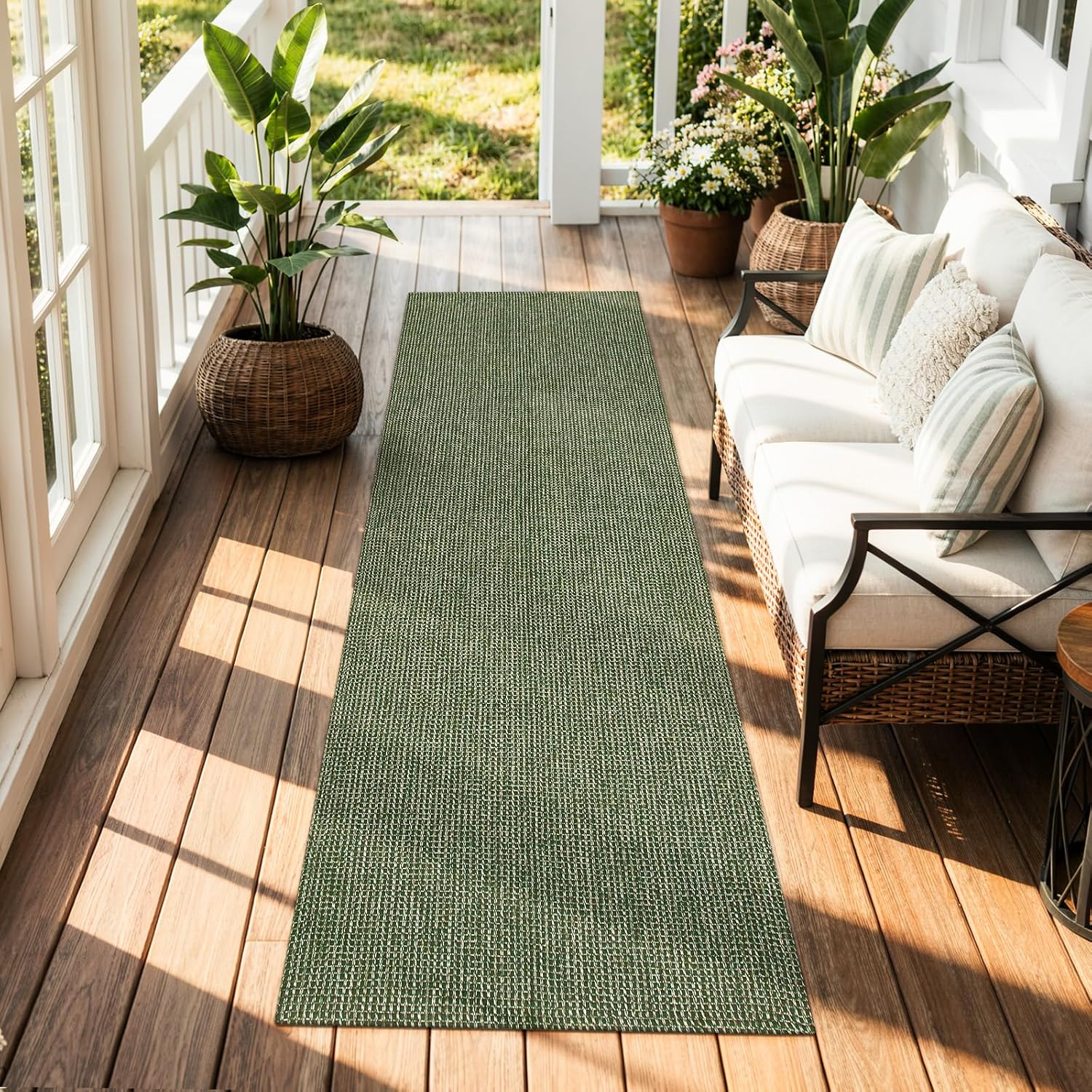 Boho Woven Runner Rug Washable Non Slip Green