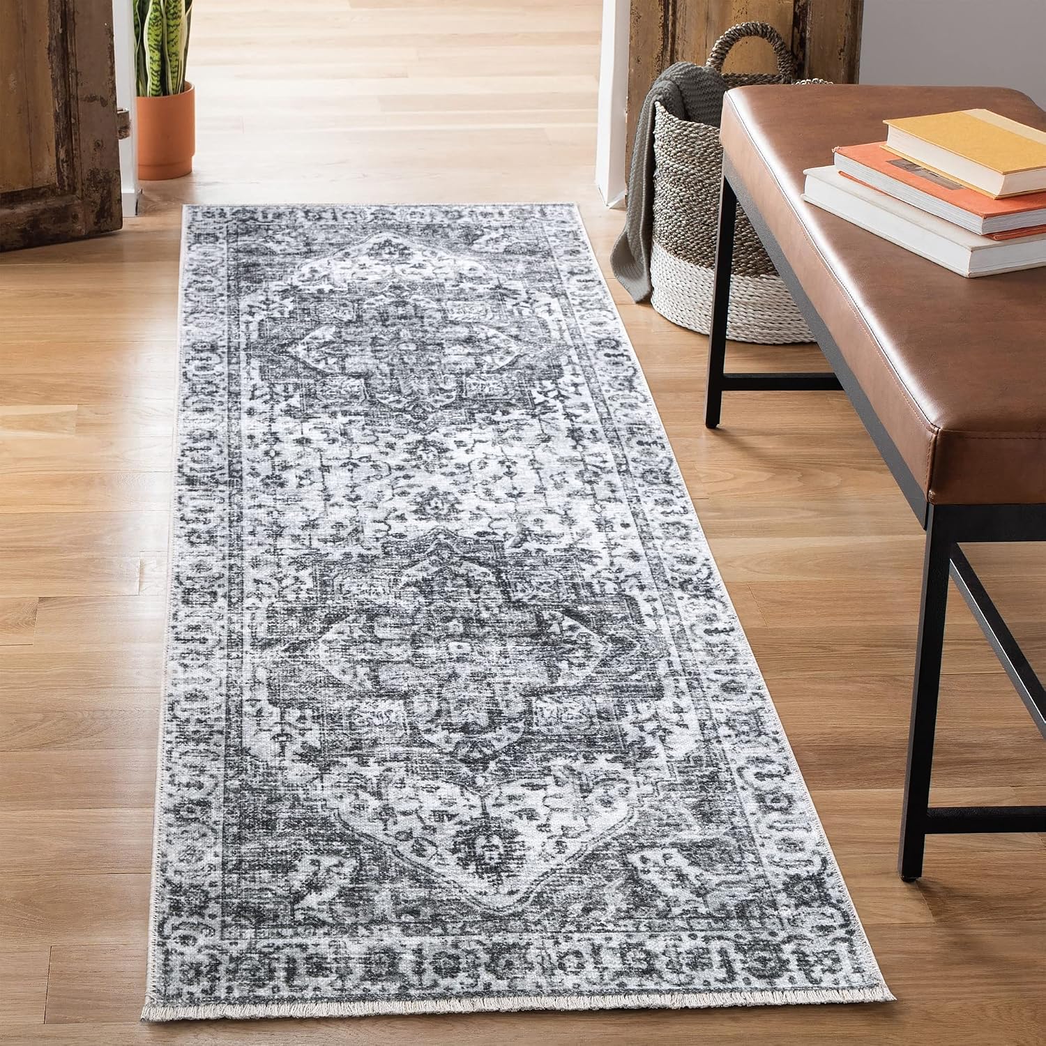 Traditional Washable Runner Rug Non Slip Silver Gray