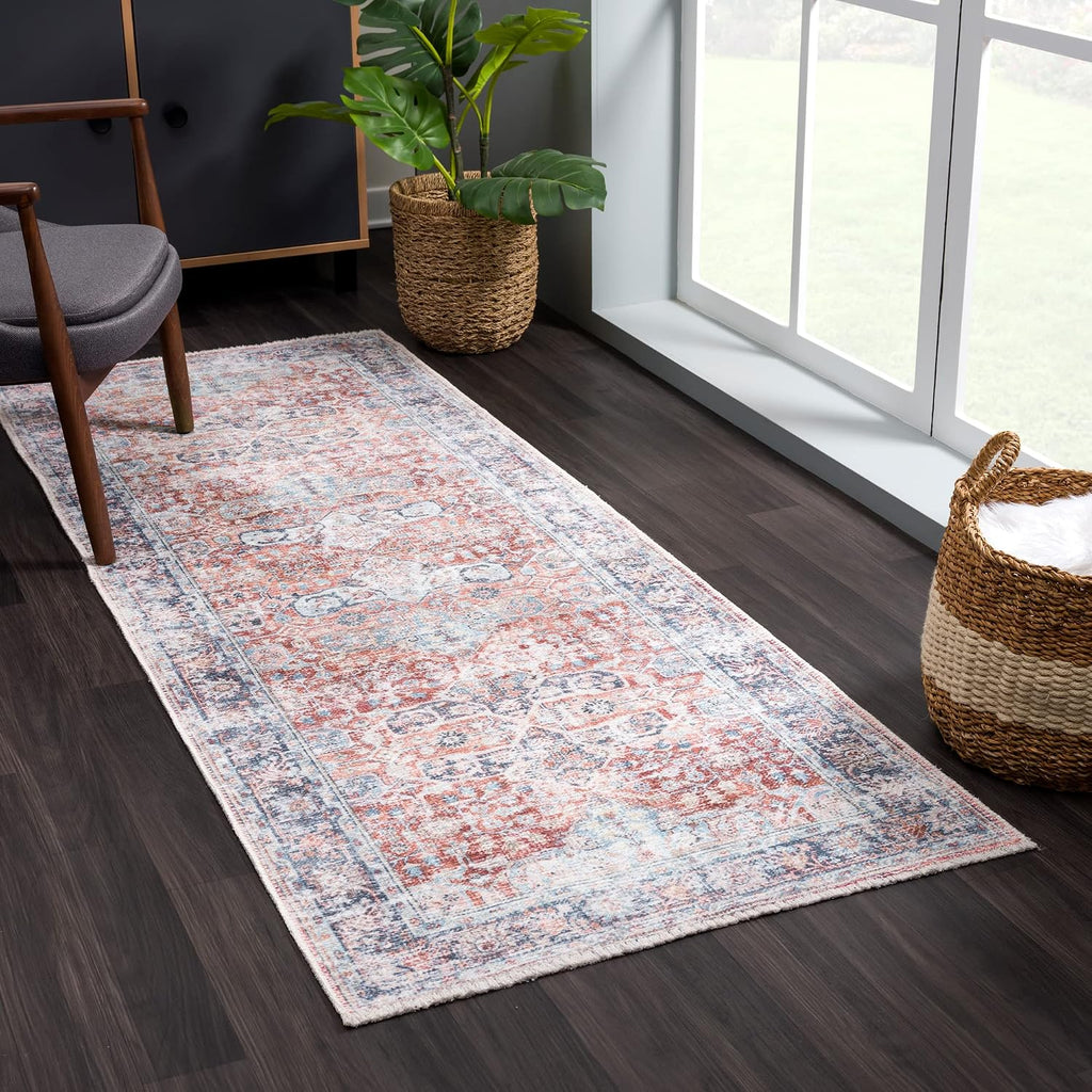 Traditional Runner Rug Washable Non Slip Brick Blue