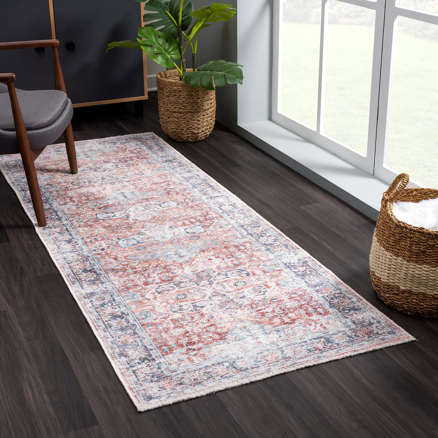 Traditional Runner Rug Washable Non Slip Brick Blue