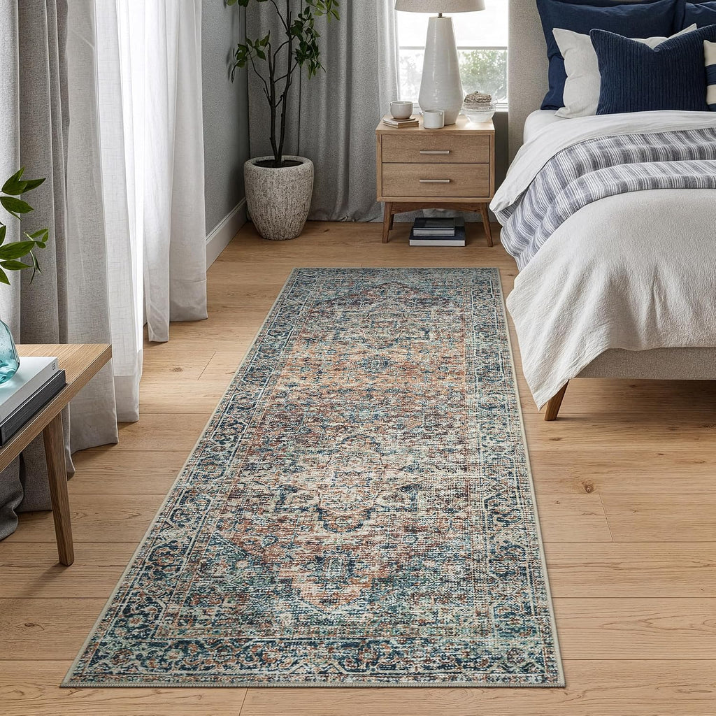 Traditional Runner Rug Washable Non Slip Blue Green