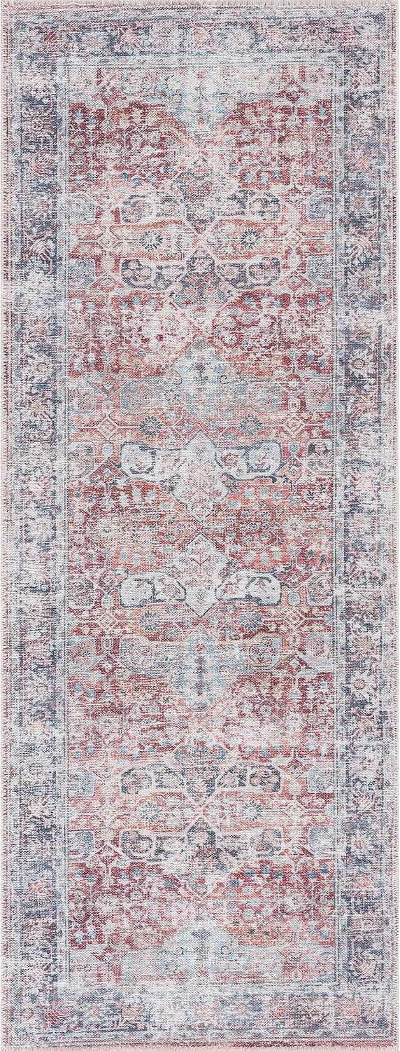 Traditional Runner Rug Washable Non Slip Brick Blue