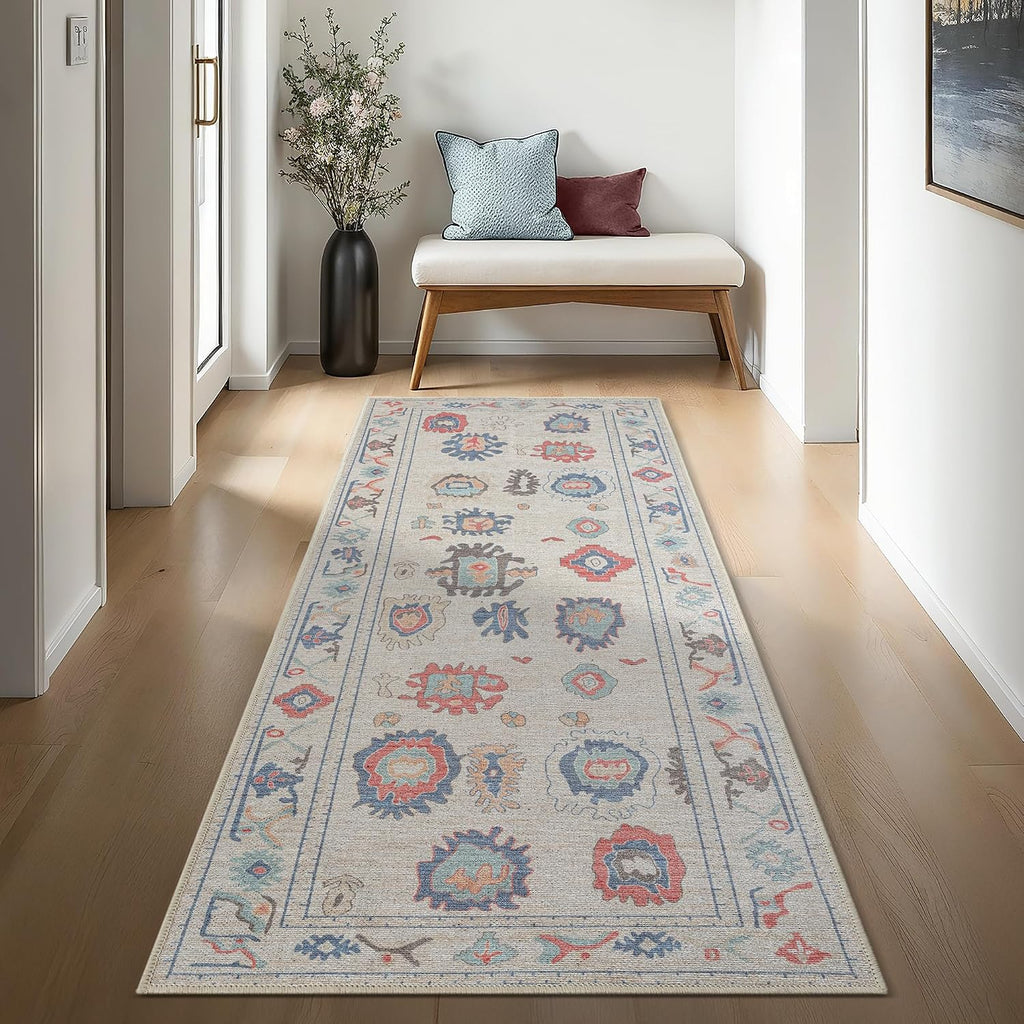 Vintage Oushak Runner Rug Washable Non Slip Beige