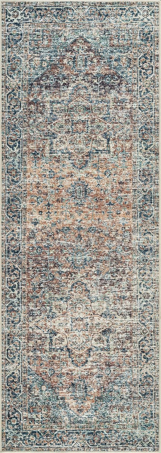 Traditional Runner Rug Washable Non Slip Blue Green