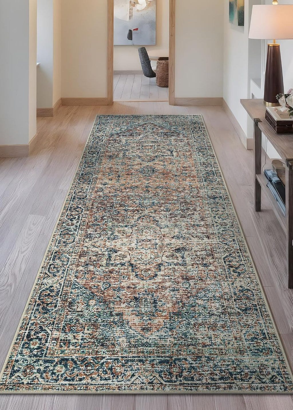 Traditional Runner Rug Washable Non Slip Blue Green