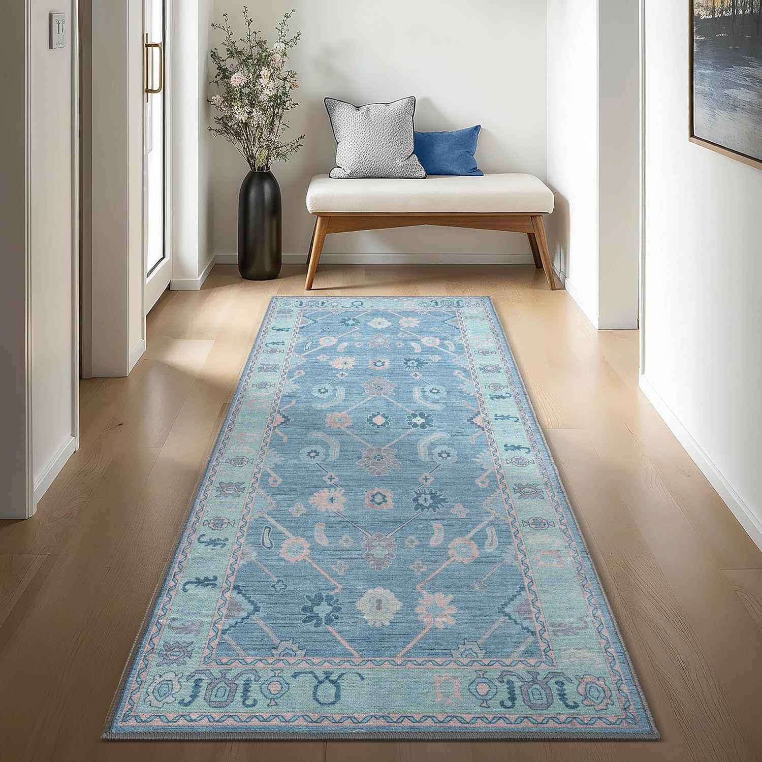 Vintage Oushak Runner Rug Washable Non Slip Teal Blue