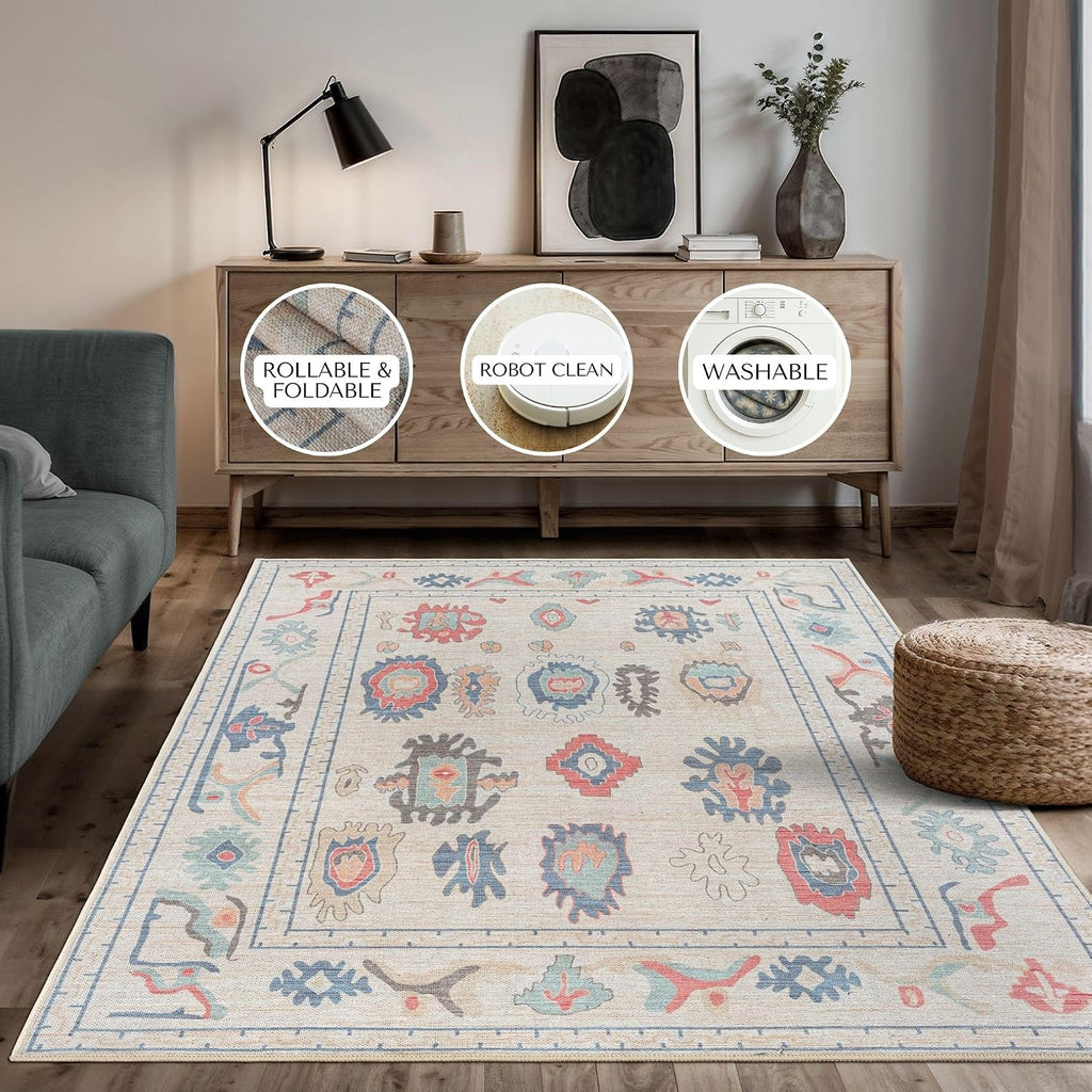 Vintage Oushak Runner Rug Washable Non Slip Beige