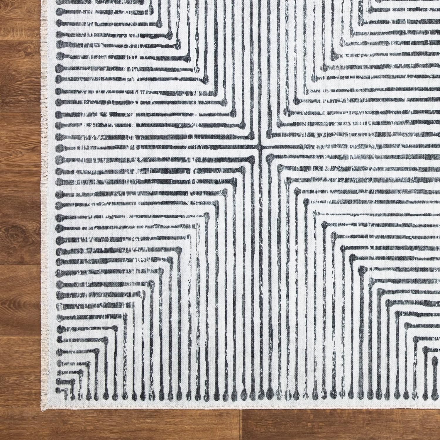 Striped Washable Runner Rug Non Slip Ivory Black