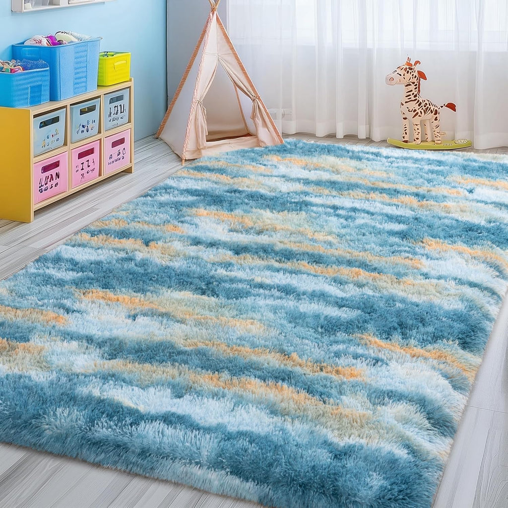 Abstract Blue Washable Non-Slip Memory Foam Shag Rug