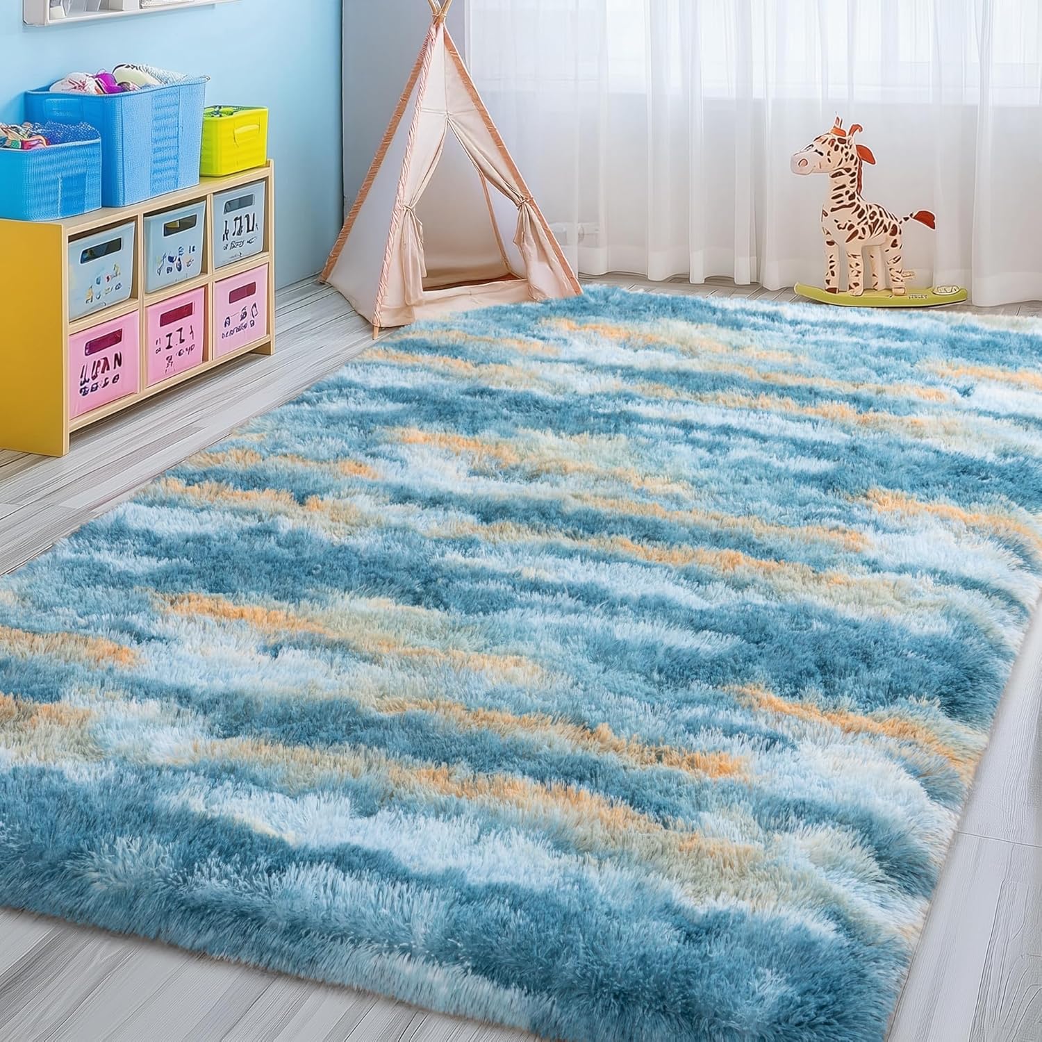 Abstract Blue Washable Non-Slip Memory Foam Shag Rug
