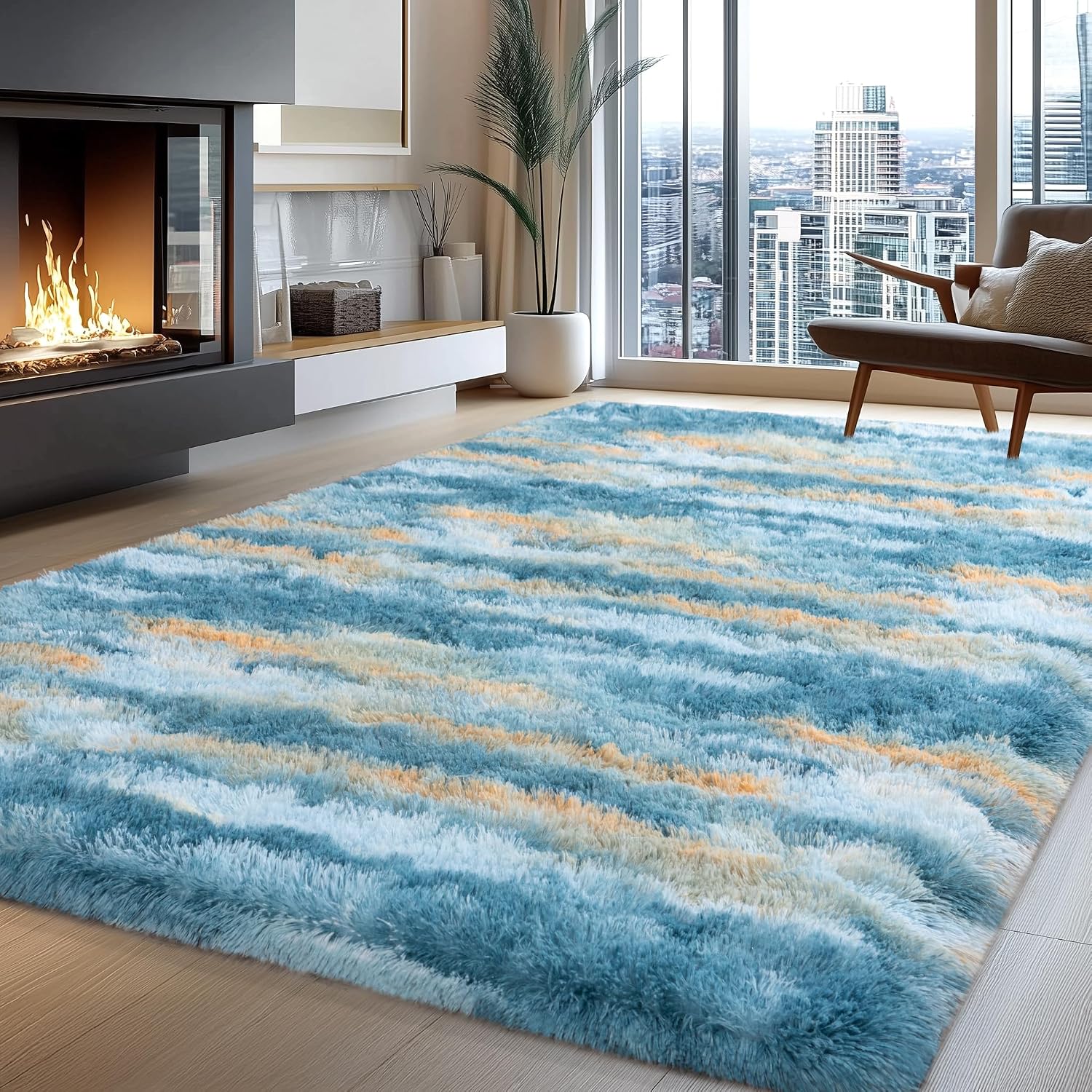 Abstract Blue Washable Non-Slip Memory Foam Shag Rug
