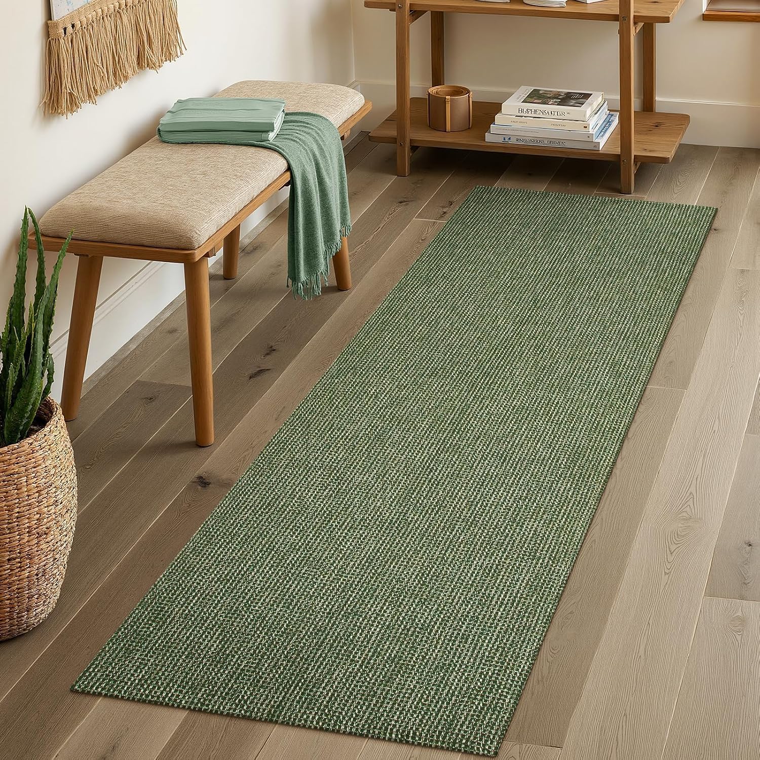 Boho Woven Runner Rug Washable Non Slip Green