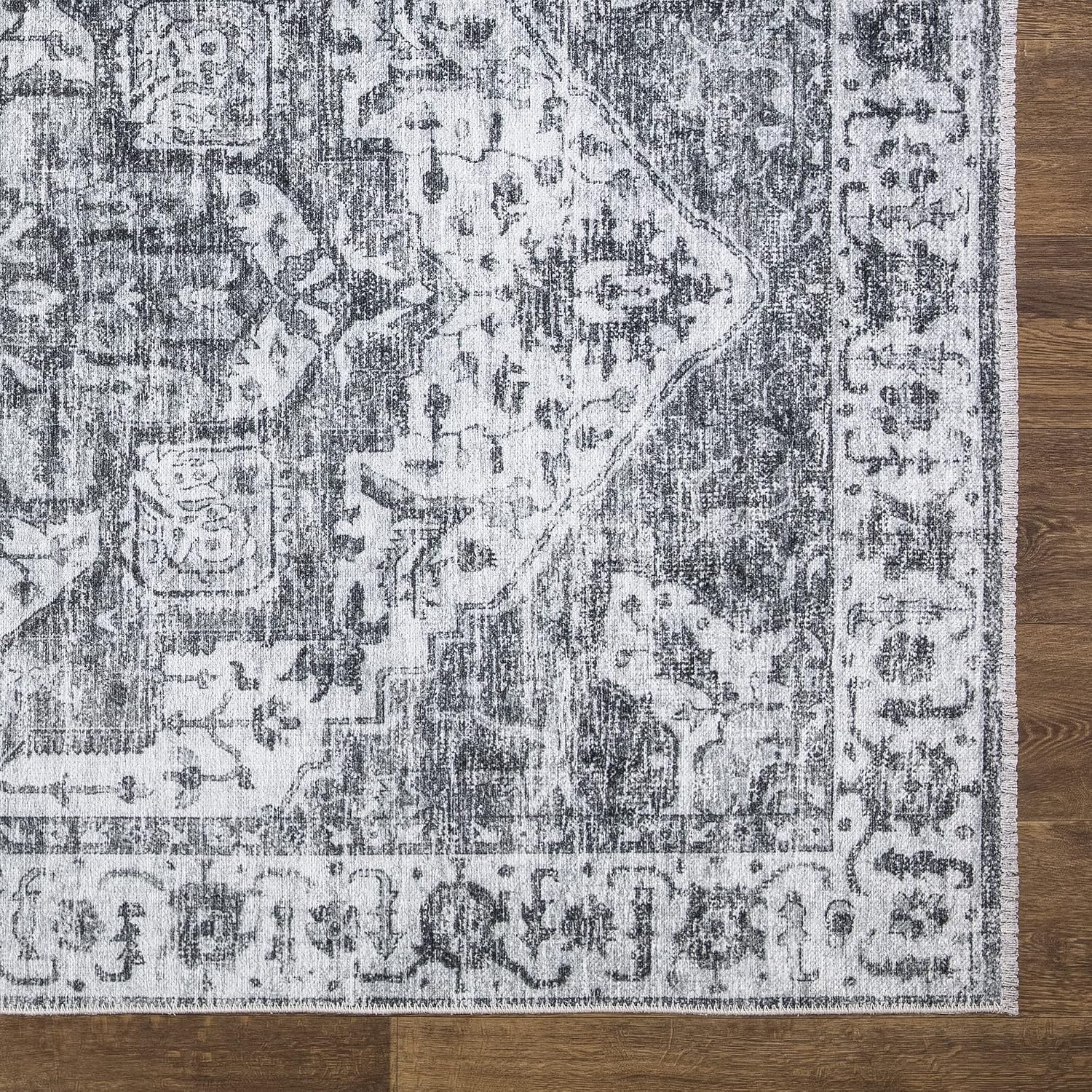 Traditional Washable Runner Rug Non Slip Silver Gray